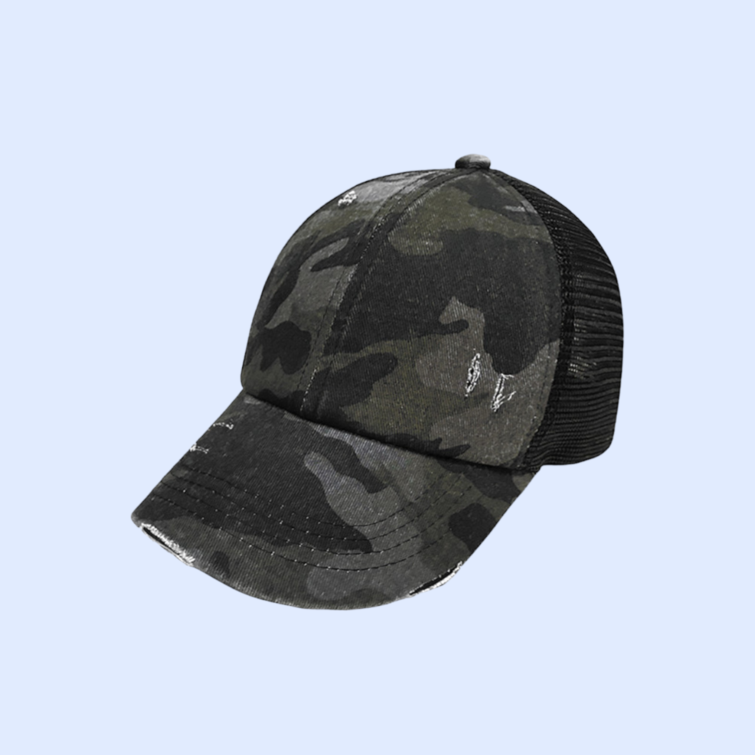Distressed Camouflage Criss-CrossHigh Ponytail Ball Cap BT783