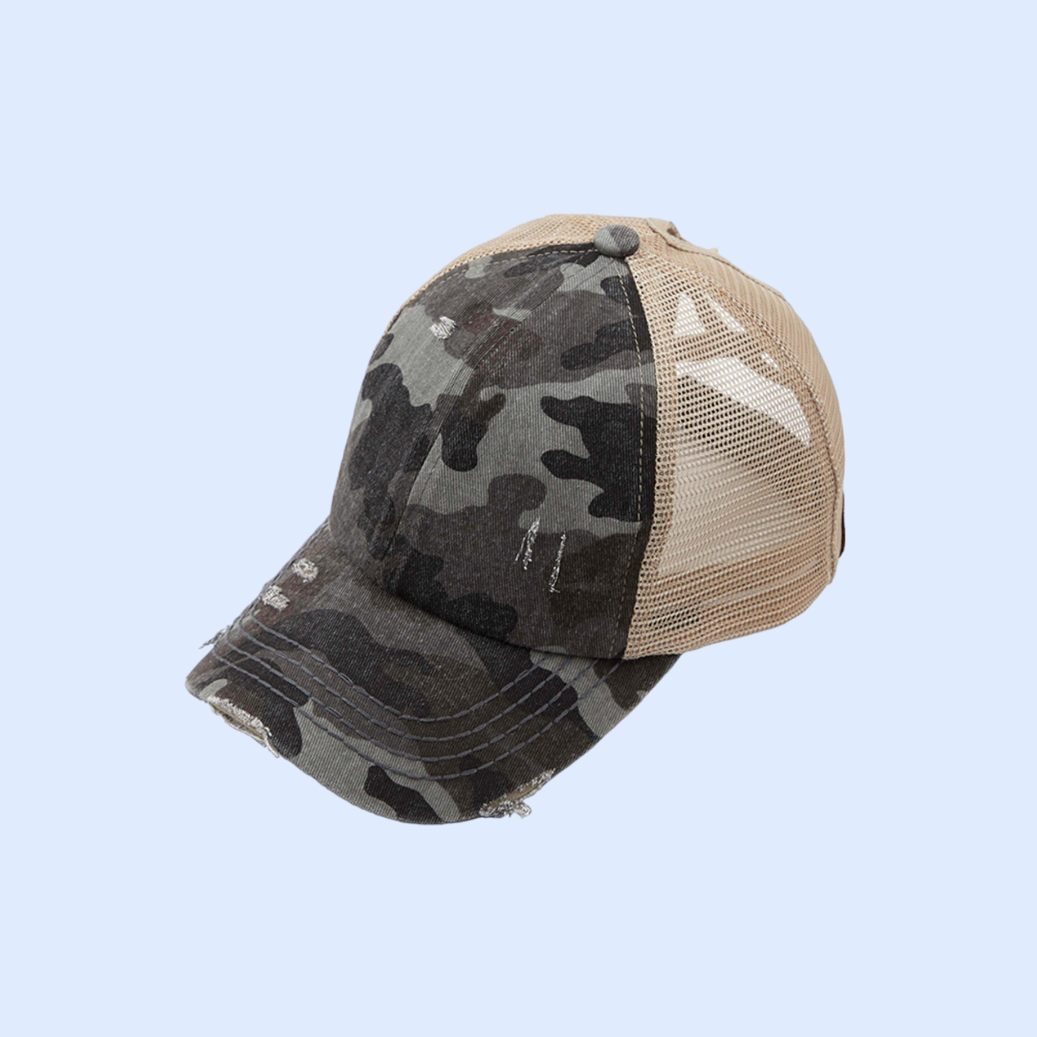 Distressed Camouflage Criss-CrossHigh Ponytail Ball Cap BT783